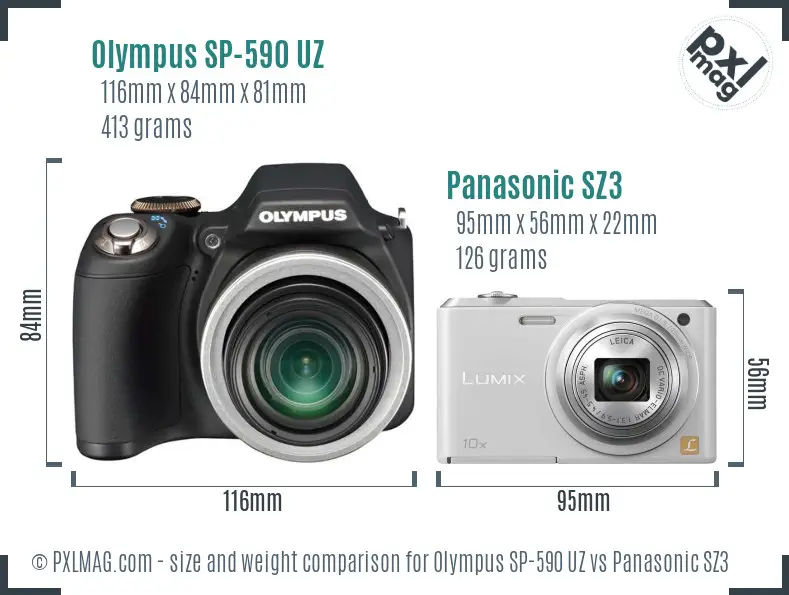 Olympus SP-590 UZ vs Panasonic SZ3 size comparison