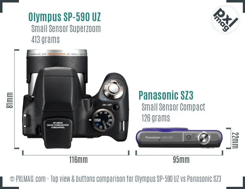 Olympus SP-590 UZ vs Panasonic SZ3 top view buttons comparison