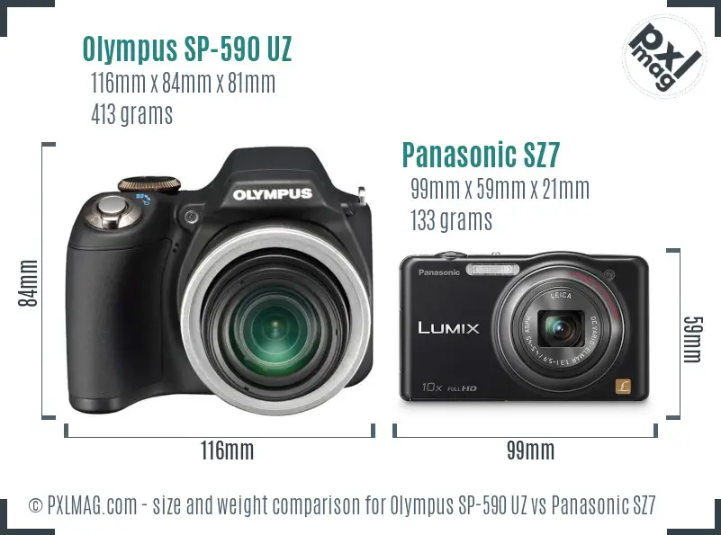Olympus SP-590 UZ vs Panasonic SZ7 size comparison