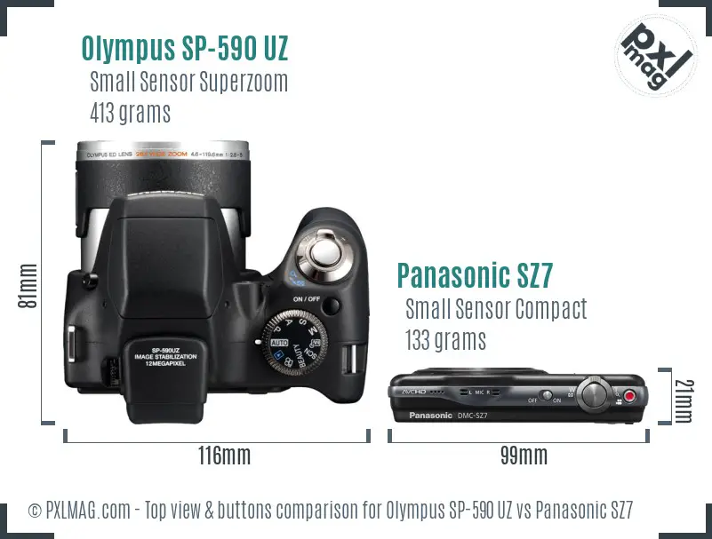Olympus SP-590 UZ vs Panasonic SZ7 top view buttons comparison