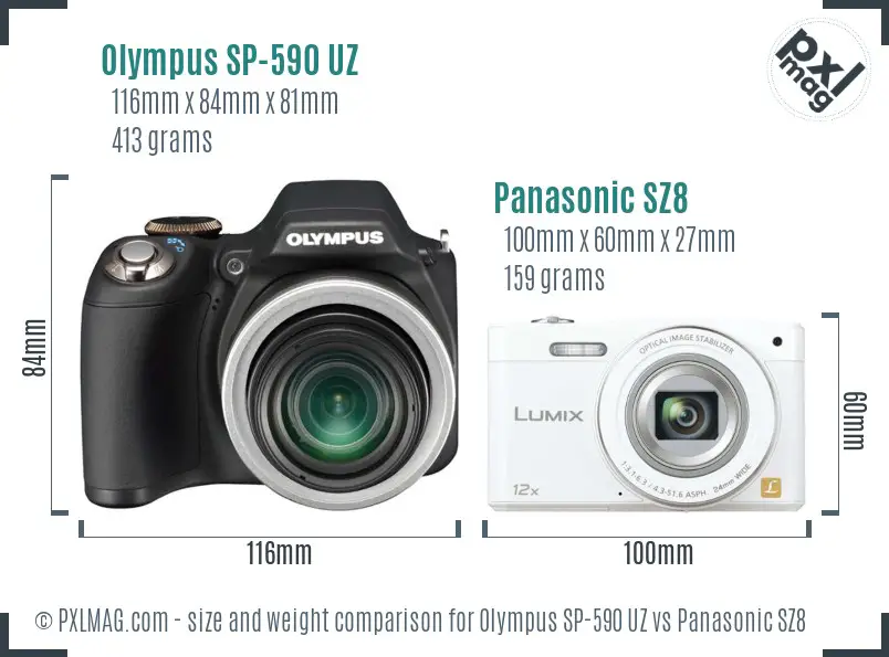 Olympus SP-590 UZ vs Panasonic SZ8 size comparison