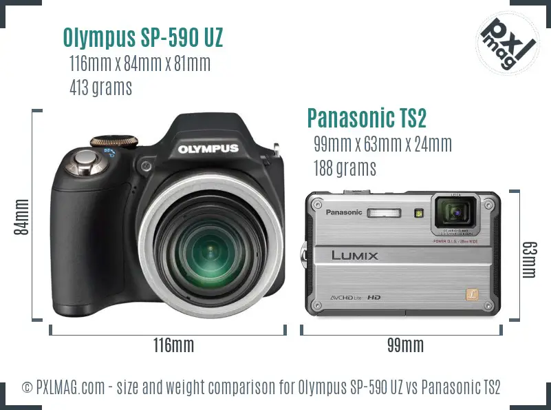 Olympus SP-590 UZ vs Panasonic TS2 size comparison