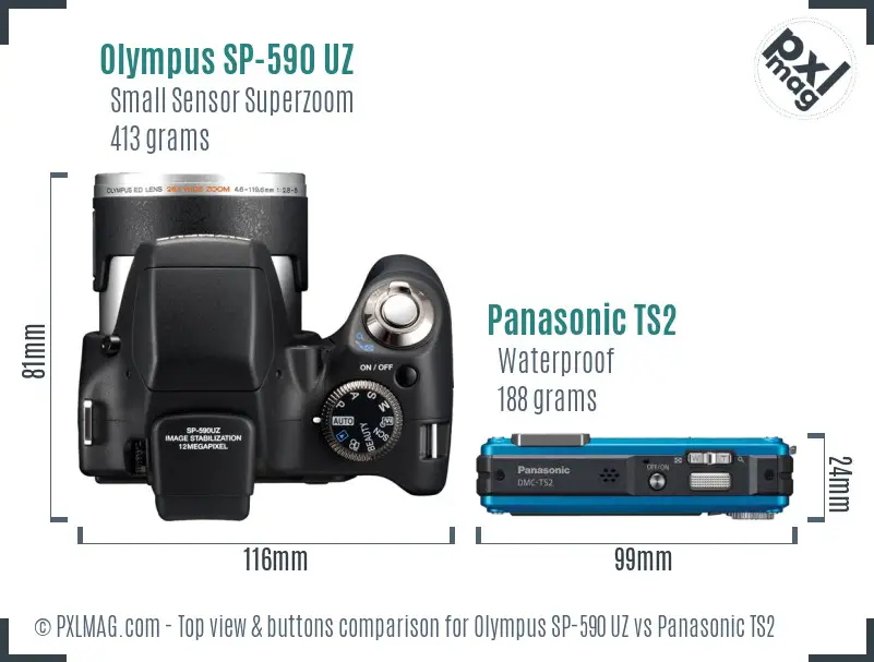 Olympus SP-590 UZ vs Panasonic TS2 top view buttons comparison