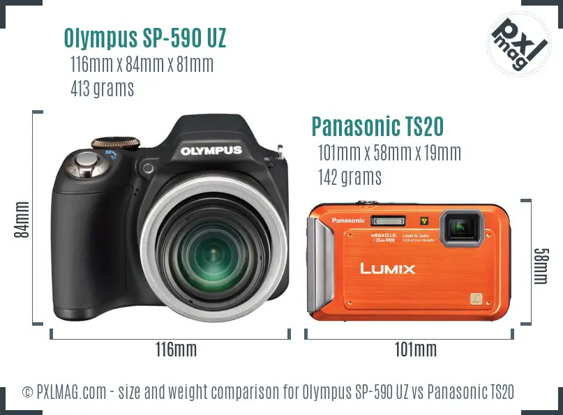 Olympus SP-590 UZ vs Panasonic TS20 size comparison