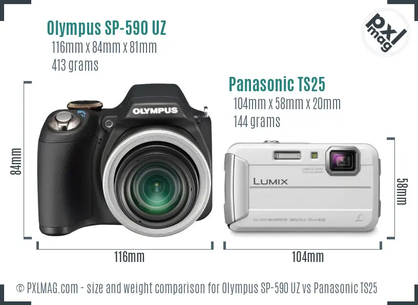 Olympus SP-590 UZ vs Panasonic TS25 size comparison