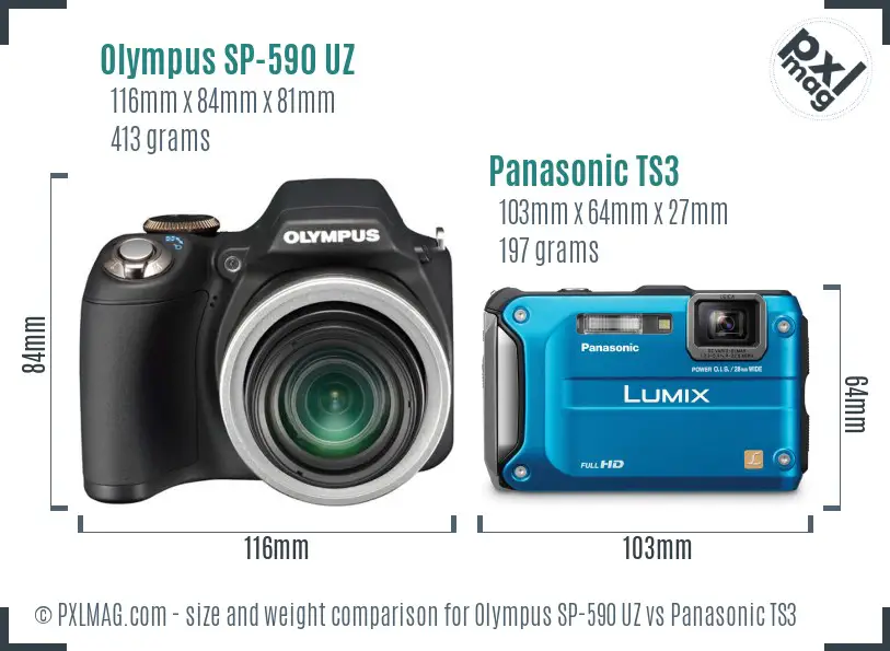 Olympus SP-590 UZ vs Panasonic TS3 size comparison