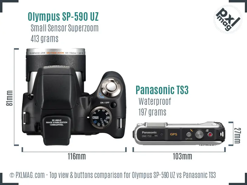 Olympus SP-590 UZ vs Panasonic TS3 top view buttons comparison