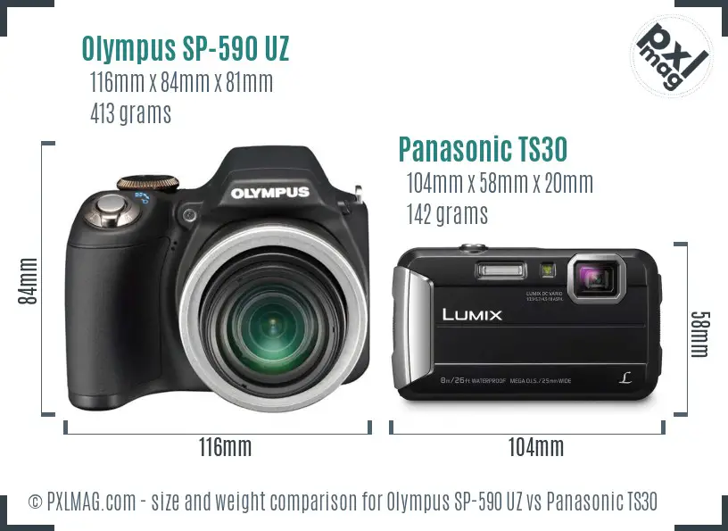 Olympus SP-590 UZ vs Panasonic TS30 size comparison