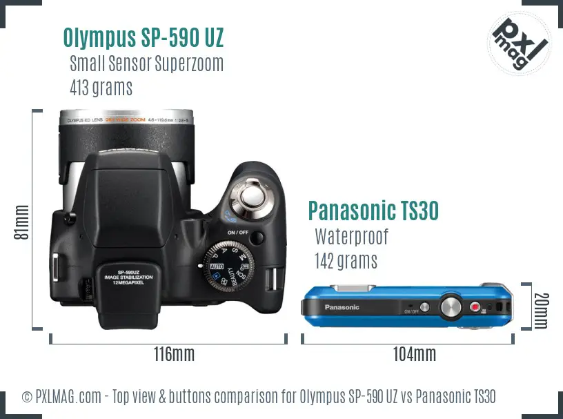 Olympus SP-590 UZ vs Panasonic TS30 top view buttons comparison