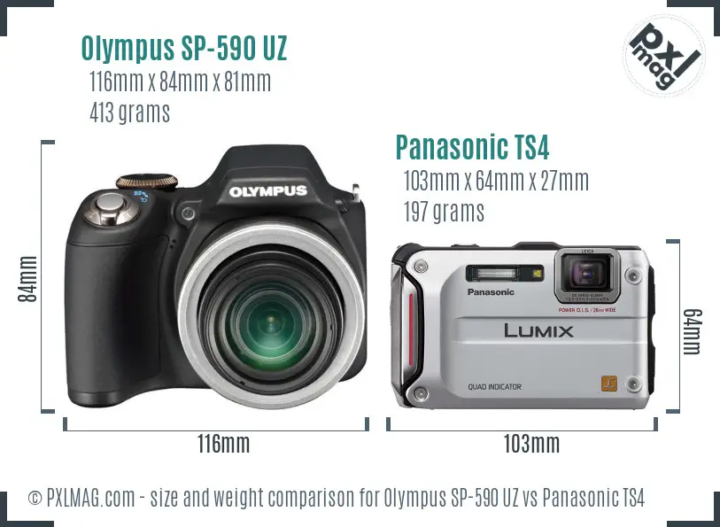 Olympus SP-590 UZ vs Panasonic TS4 size comparison