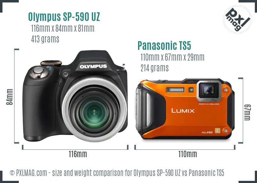 Olympus SP-590 UZ vs Panasonic TS5 size comparison