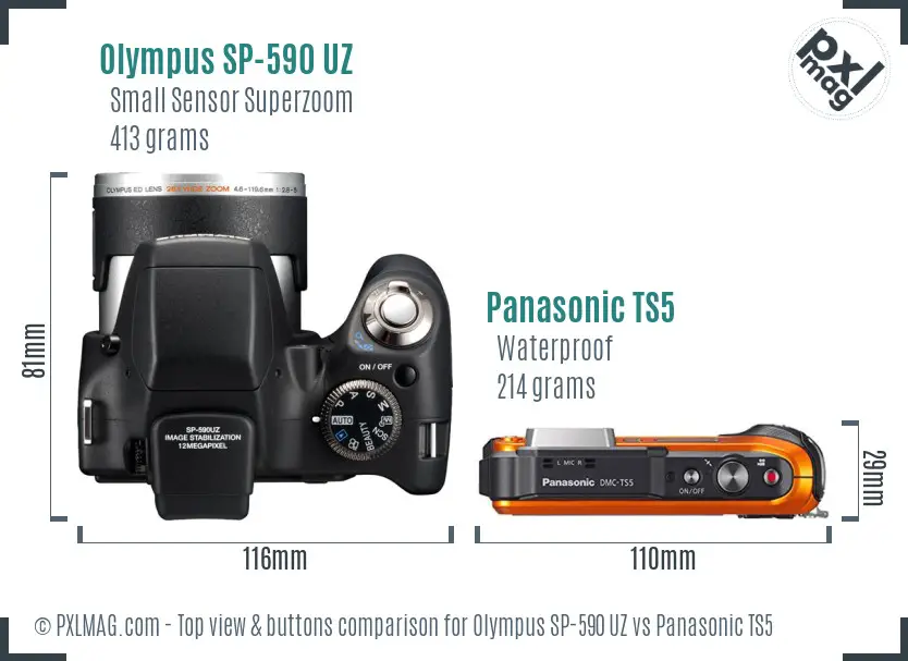 Olympus SP-590 UZ vs Panasonic TS5 top view buttons comparison