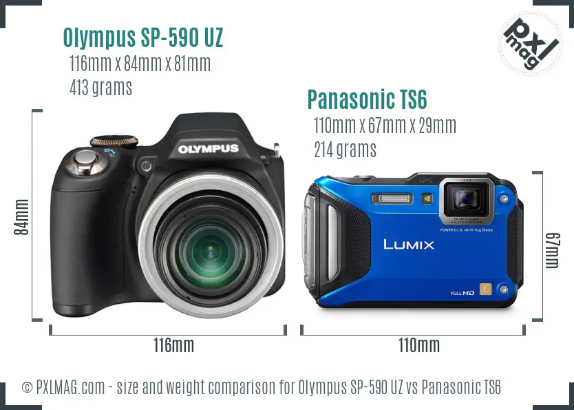 Olympus SP-590 UZ vs Panasonic TS6 size comparison
