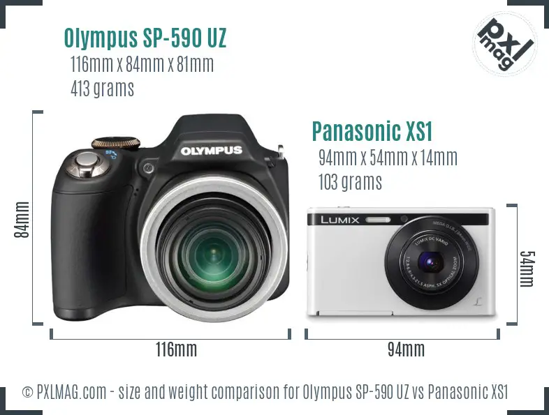 Olympus SP-590 UZ vs Panasonic XS1 size comparison