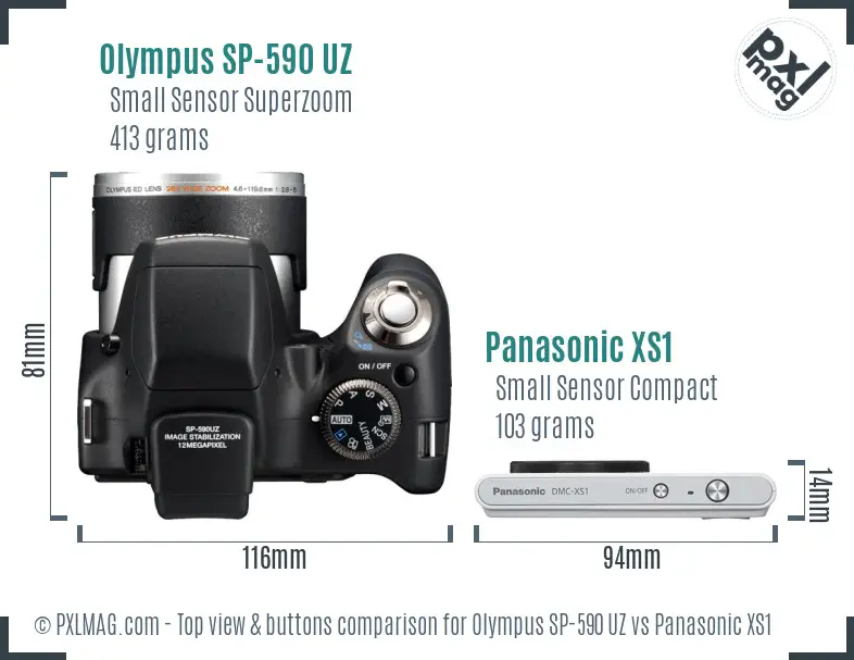 Olympus SP-590 UZ vs Panasonic XS1 top view buttons comparison
