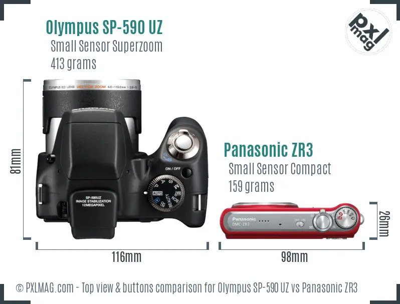 Olympus SP-590 UZ vs Panasonic ZR3 top view buttons comparison