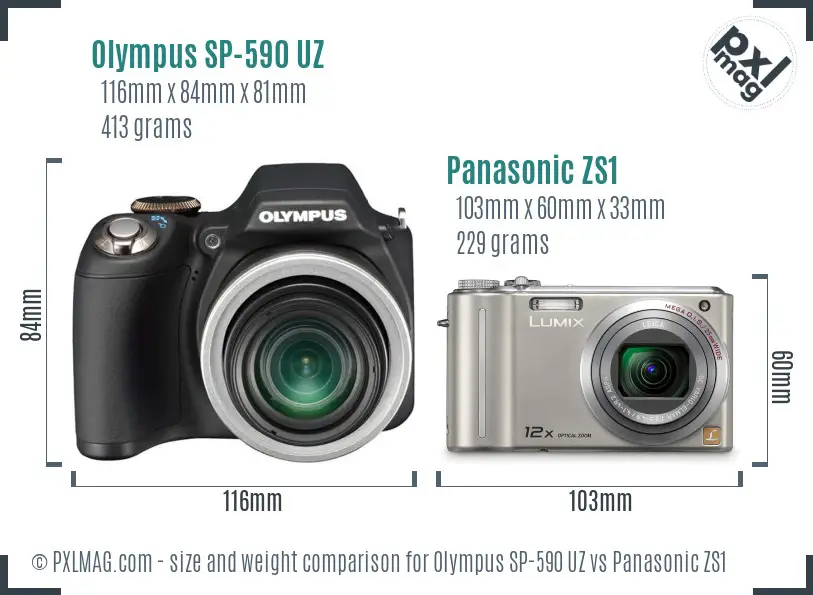 Olympus SP-590 UZ vs Panasonic ZS1 size comparison