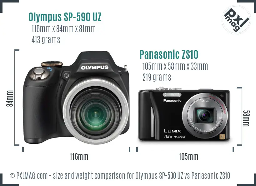 Olympus SP-590 UZ vs Panasonic ZS10 size comparison