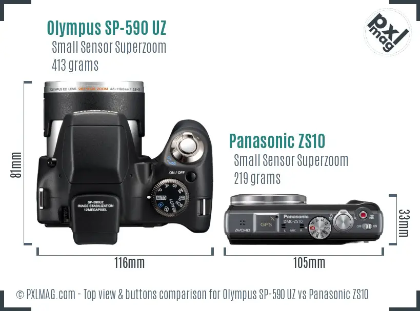Olympus SP-590 UZ vs Panasonic ZS10 top view buttons comparison