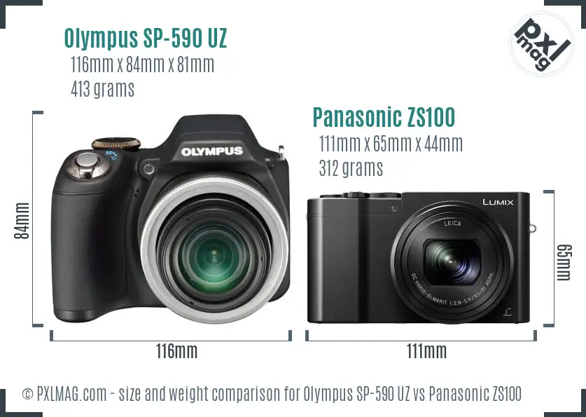 Olympus SP-590 UZ vs Panasonic ZS100 size comparison