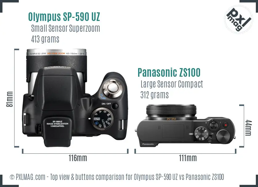 Olympus SP-590 UZ vs Panasonic ZS100 top view buttons comparison