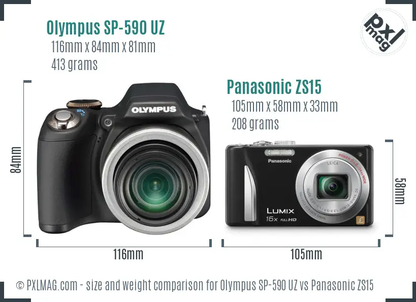 Olympus SP-590 UZ vs Panasonic ZS15 size comparison