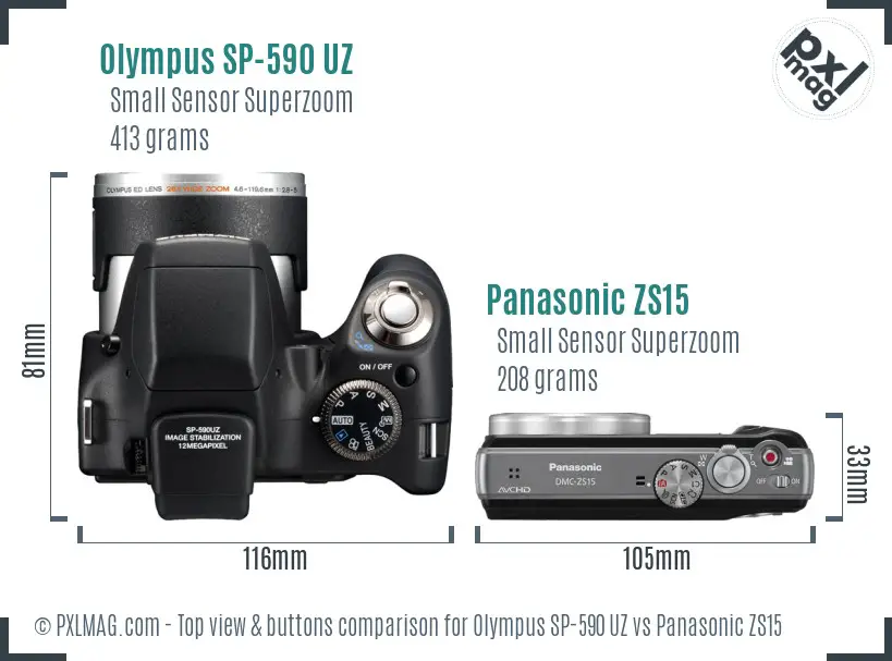 Olympus SP-590 UZ vs Panasonic ZS15 top view buttons comparison