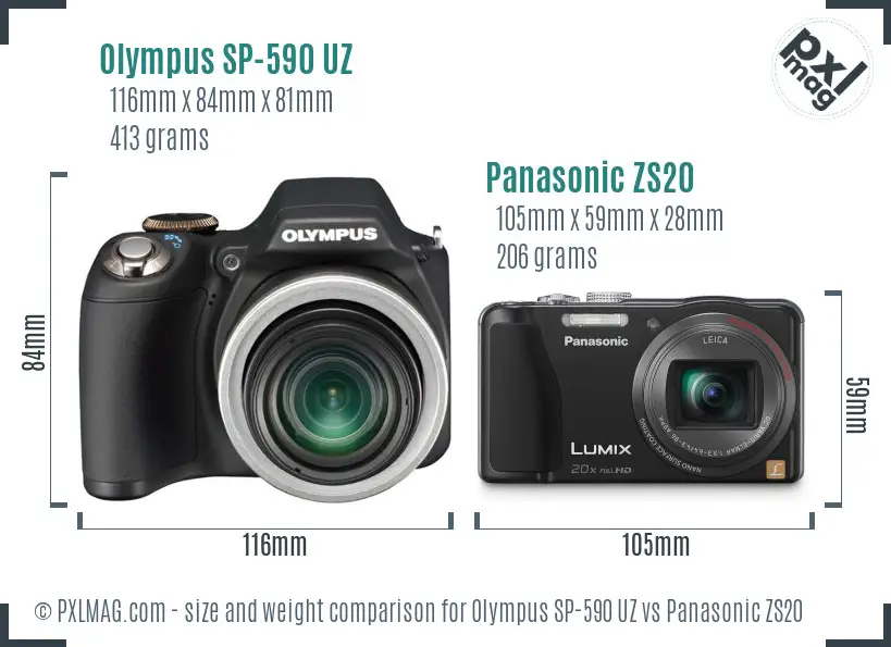 Olympus SP-590 UZ vs Panasonic ZS20 size comparison