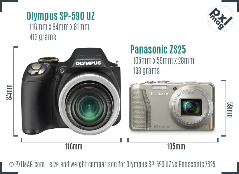 Olympus SP-590 UZ vs Panasonic ZS25 size comparison