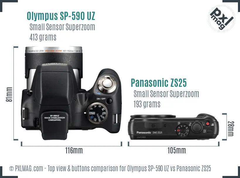 Olympus SP-590 UZ vs Panasonic ZS25 top view buttons comparison