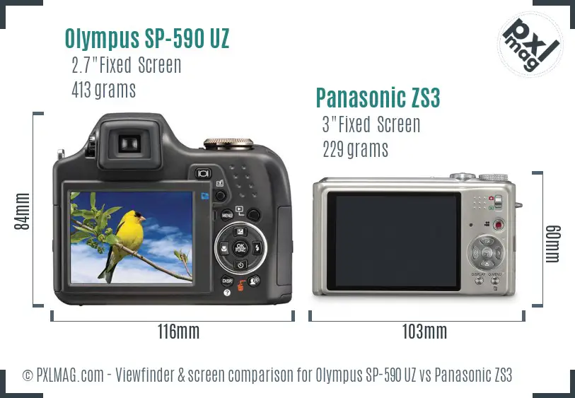Olympus SP-590 UZ vs Panasonic ZS3 Screen and Viewfinder comparison