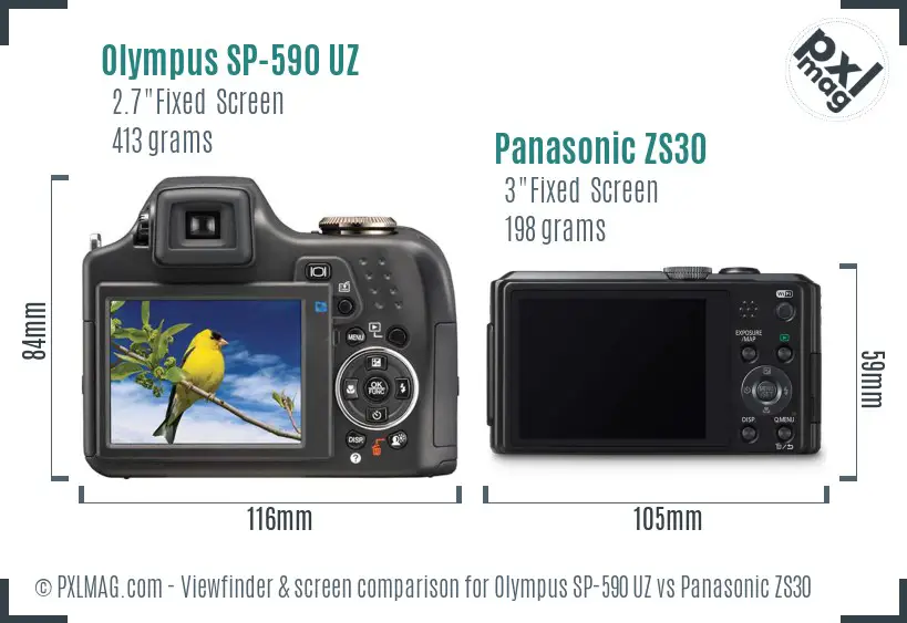 Olympus SP-590 UZ vs Panasonic ZS30 Screen and Viewfinder comparison