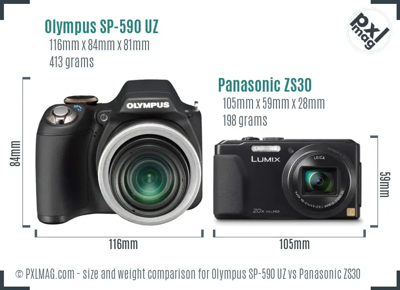 Olympus SP-590 UZ vs Panasonic ZS30 size comparison
