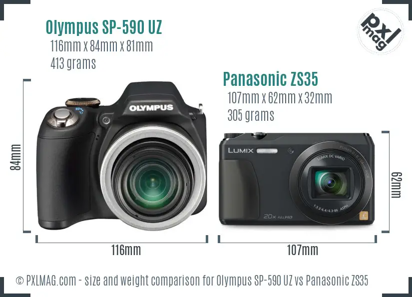 Olympus SP-590 UZ vs Panasonic ZS35 size comparison
