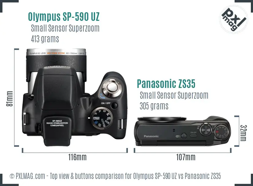 Olympus SP-590 UZ vs Panasonic ZS35 top view buttons comparison