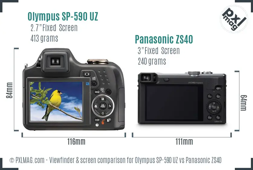 Olympus SP-590 UZ vs Panasonic ZS40 Screen and Viewfinder comparison