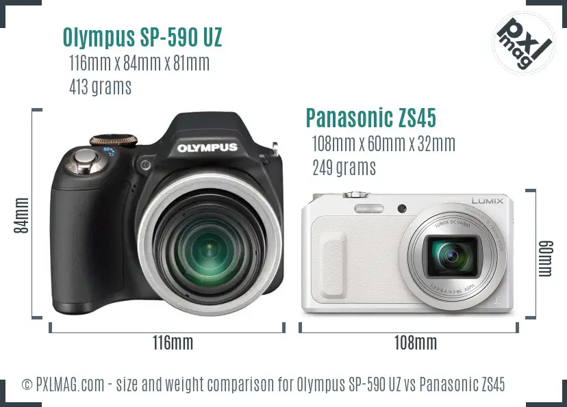 Olympus SP-590 UZ vs Panasonic ZS45 size comparison
