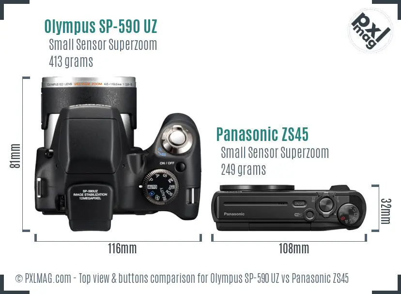 Olympus SP-590 UZ vs Panasonic ZS45 top view buttons comparison