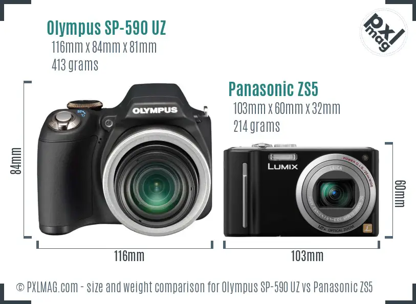 Olympus SP-590 UZ vs Panasonic ZS5 size comparison