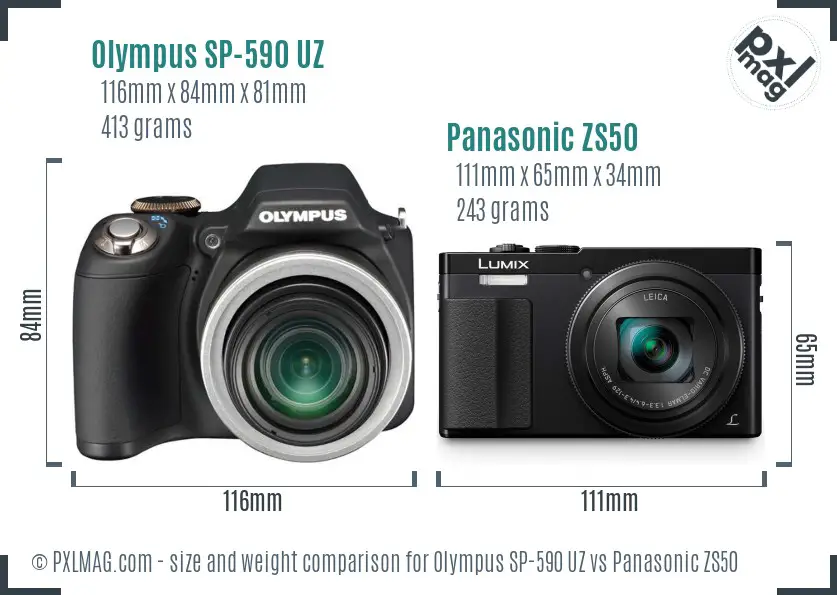 Olympus SP-590 UZ vs Panasonic ZS50 size comparison