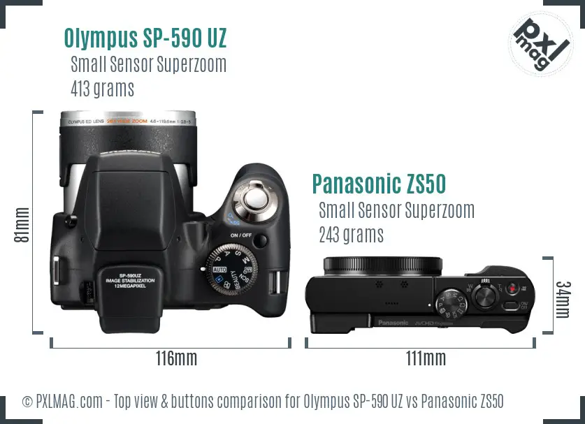 Olympus SP-590 UZ vs Panasonic ZS50 top view buttons comparison