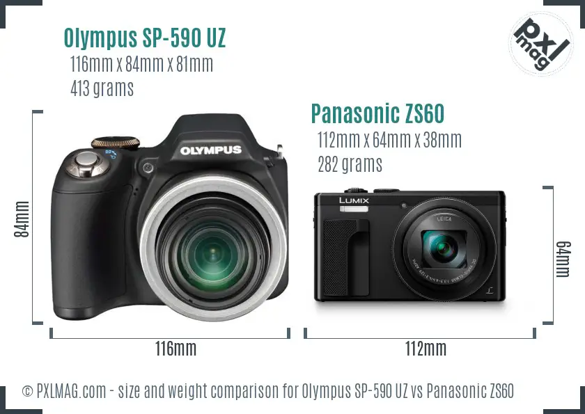 Olympus SP-590 UZ vs Panasonic ZS60 size comparison