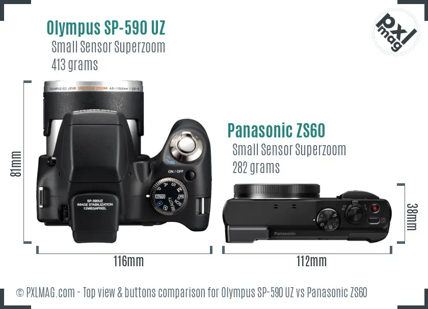 Olympus SP-590 UZ vs Panasonic ZS60 top view buttons comparison