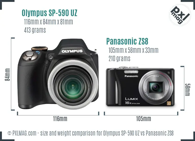 Olympus SP-590 UZ vs Panasonic ZS8 size comparison