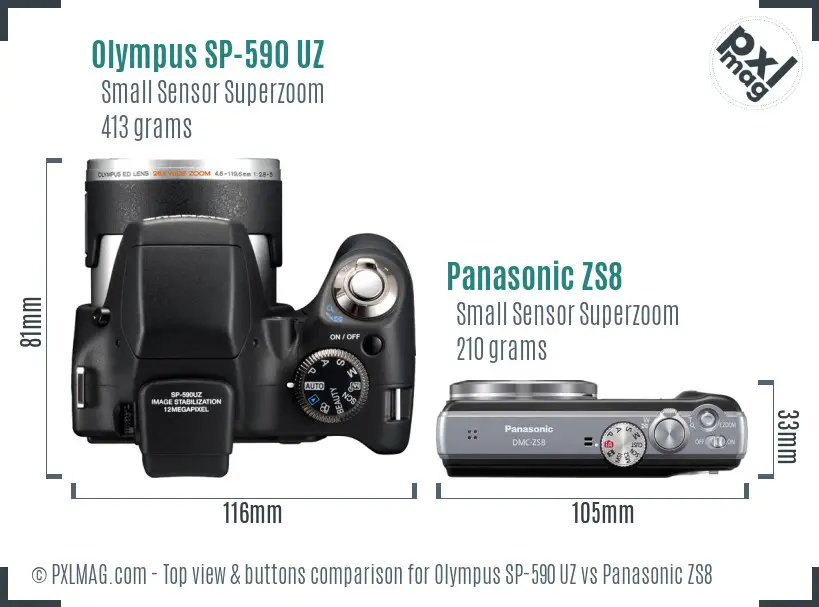 Olympus SP-590 UZ vs Panasonic ZS8 top view buttons comparison
