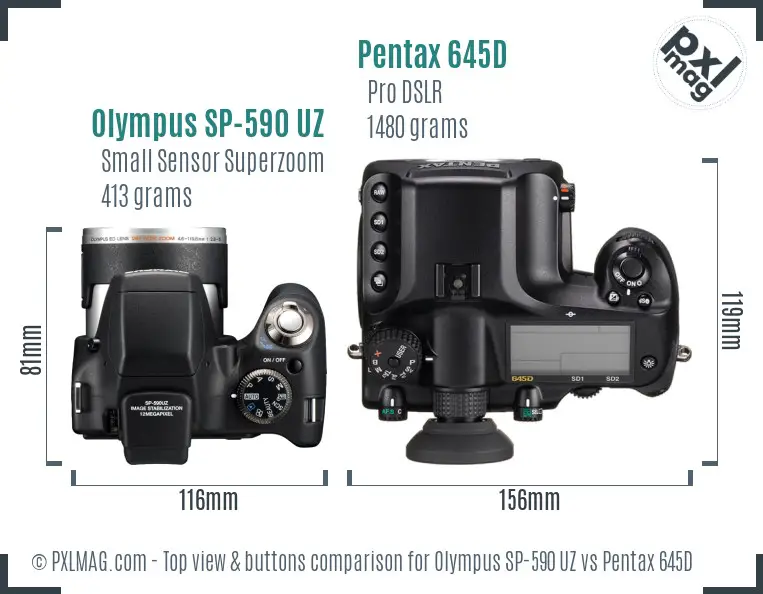 Olympus SP-590 UZ vs Pentax 645D top view buttons comparison