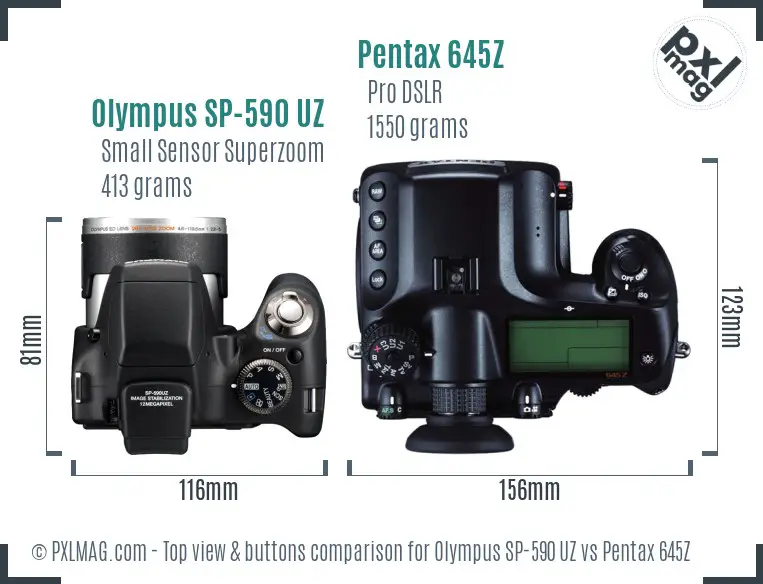 Olympus SP-590 UZ vs Pentax 645Z top view buttons comparison