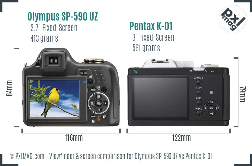 Olympus SP-590 UZ vs Pentax K-01 Screen and Viewfinder comparison