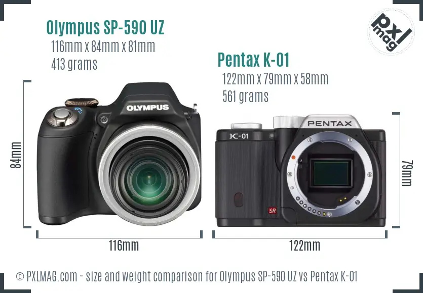 Olympus SP-590 UZ vs Pentax K-01 size comparison
