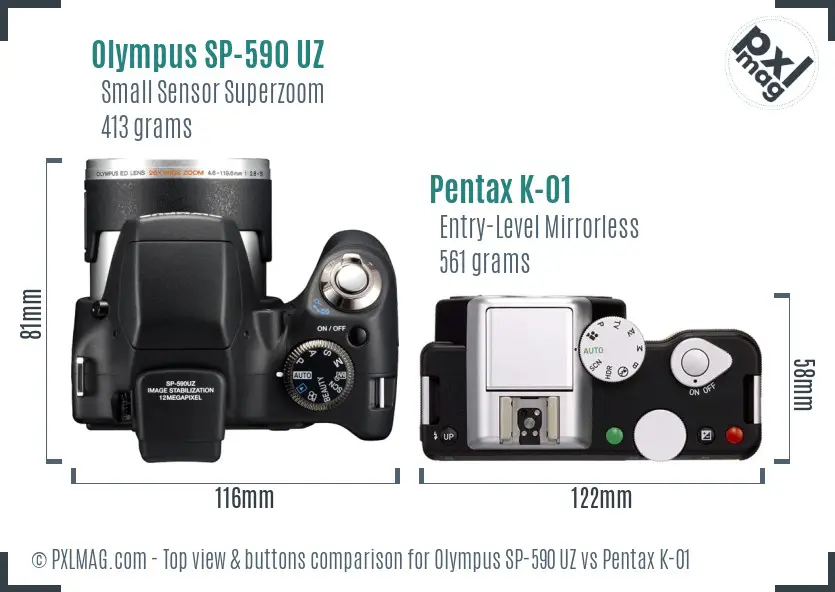 Olympus SP-590 UZ vs Pentax K-01 top view buttons comparison